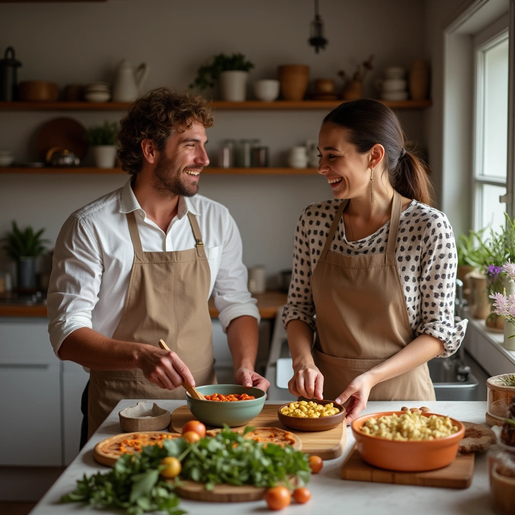 Couple cooking together in a cozy kitchen