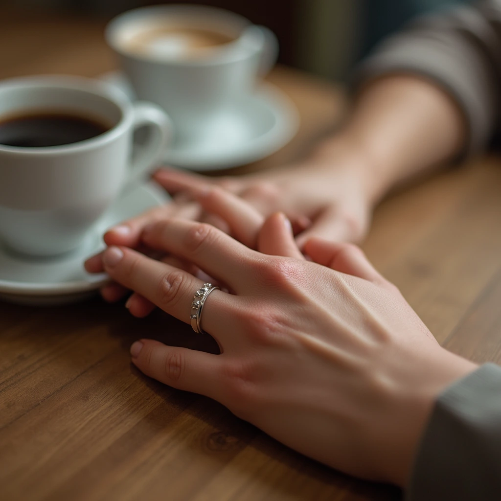 Two hands gently intertwined on a wooden table